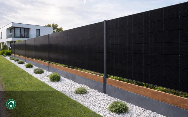 Horizontaler Photovoltaikzaun SO1 mit Holzabschluss an einem modernen Haus
